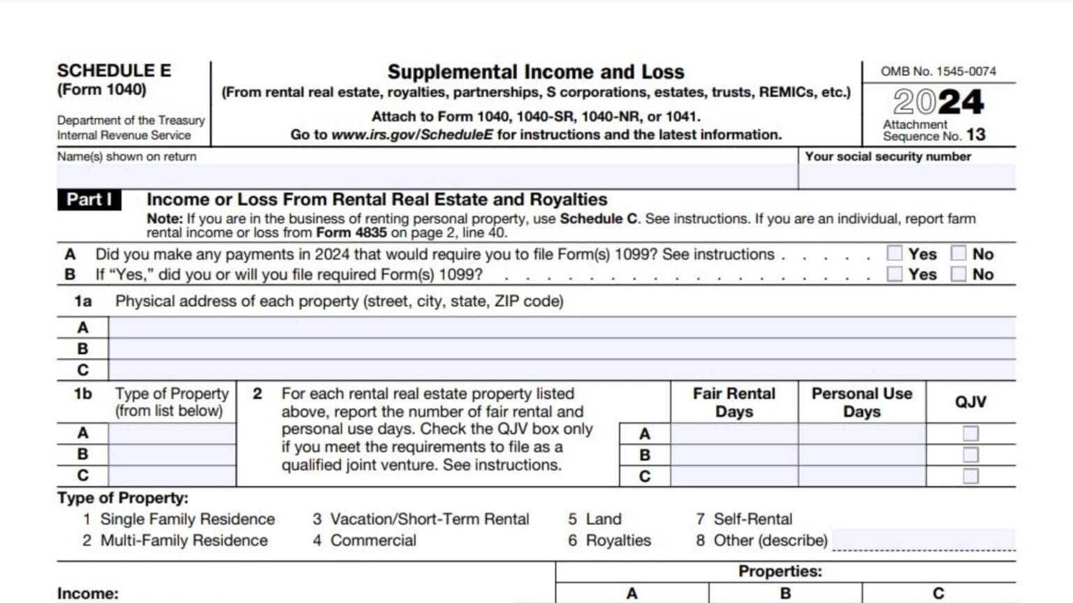 Schedule e form 1040 instructions 2024 2025