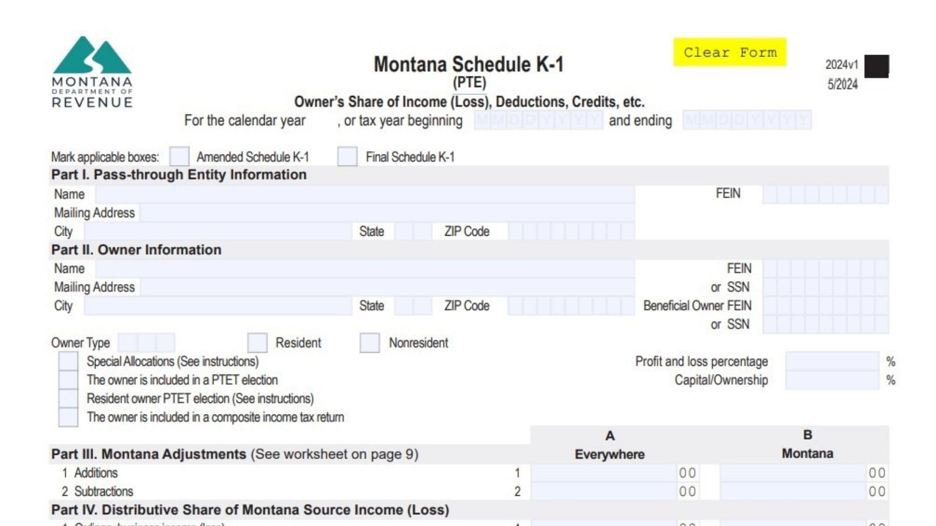 Montana Schedule K-1 (Form PTE) 1 Montana Schedule K 1 Form PTE