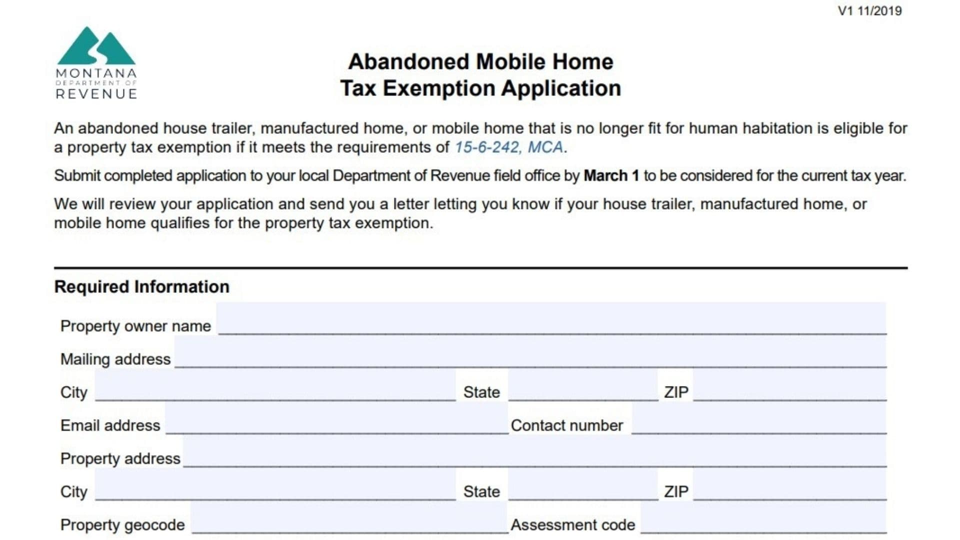 Montana Abandoned Mobile Home Tax Exemption Application Form 1 Montana Abandoned Mobile Home Tax Exemption Application Form