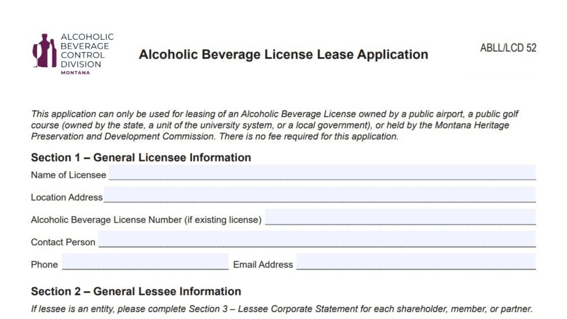Montana Alcoholic Beverage License Lease Application Form 2
