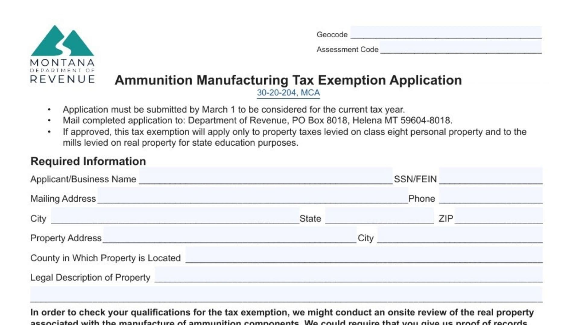 Montana Ammunition Manufacturing Tax Exemption Application Form