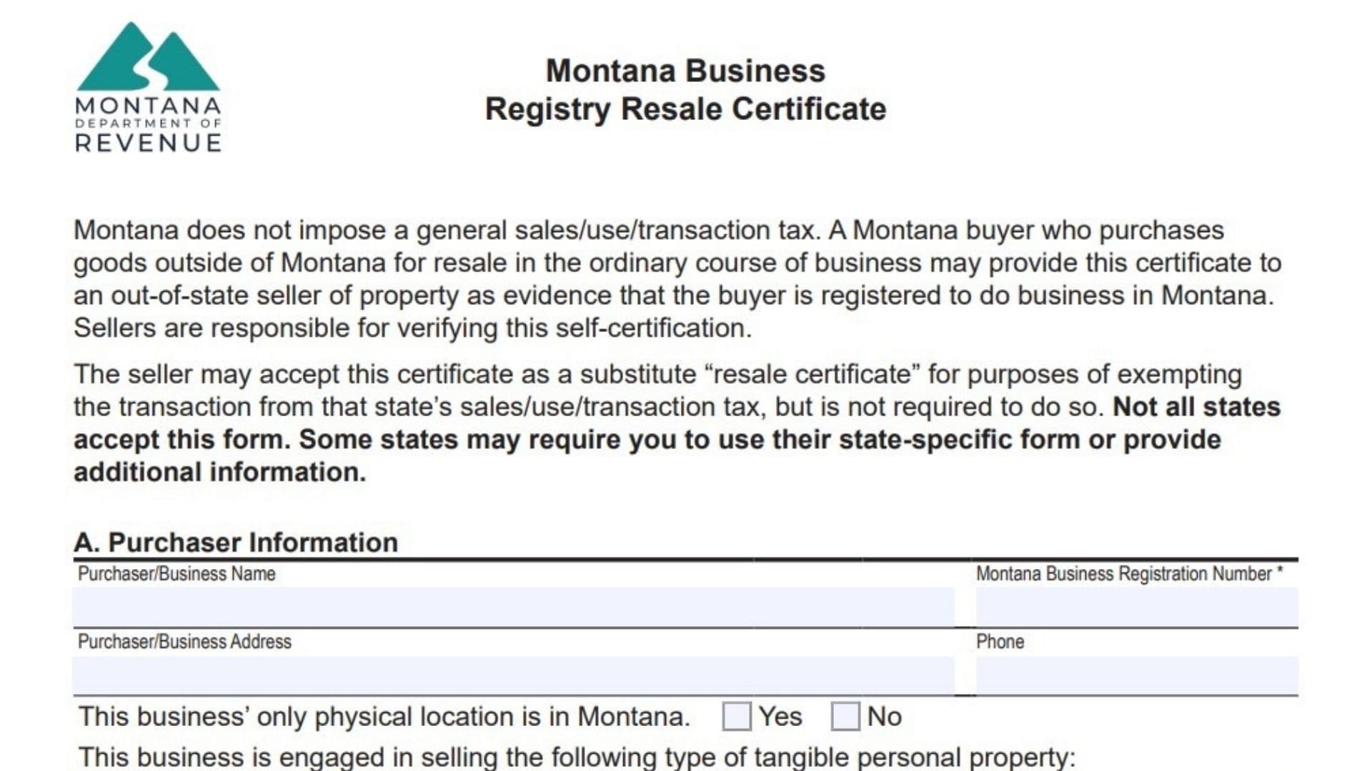 Montana Business Registry Resale Certificate