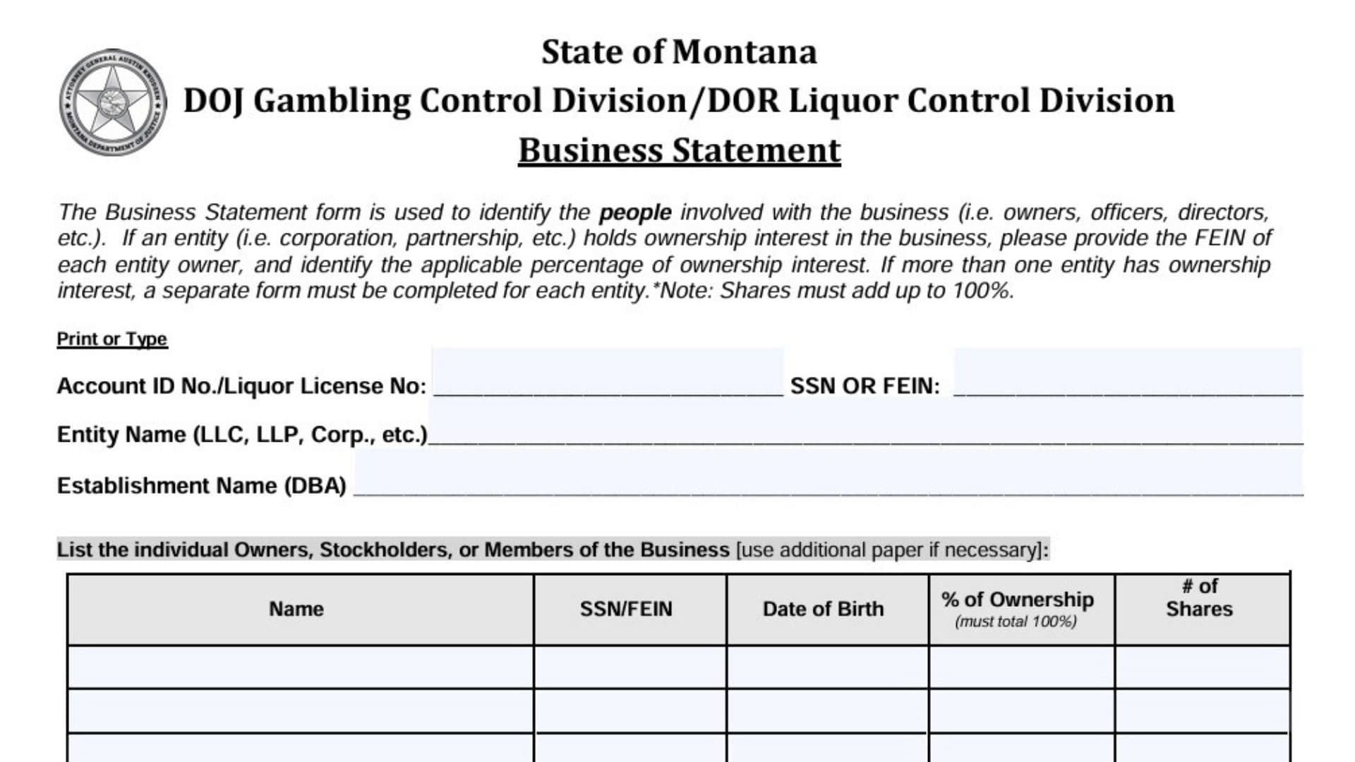 Montana Business Statement Form 30