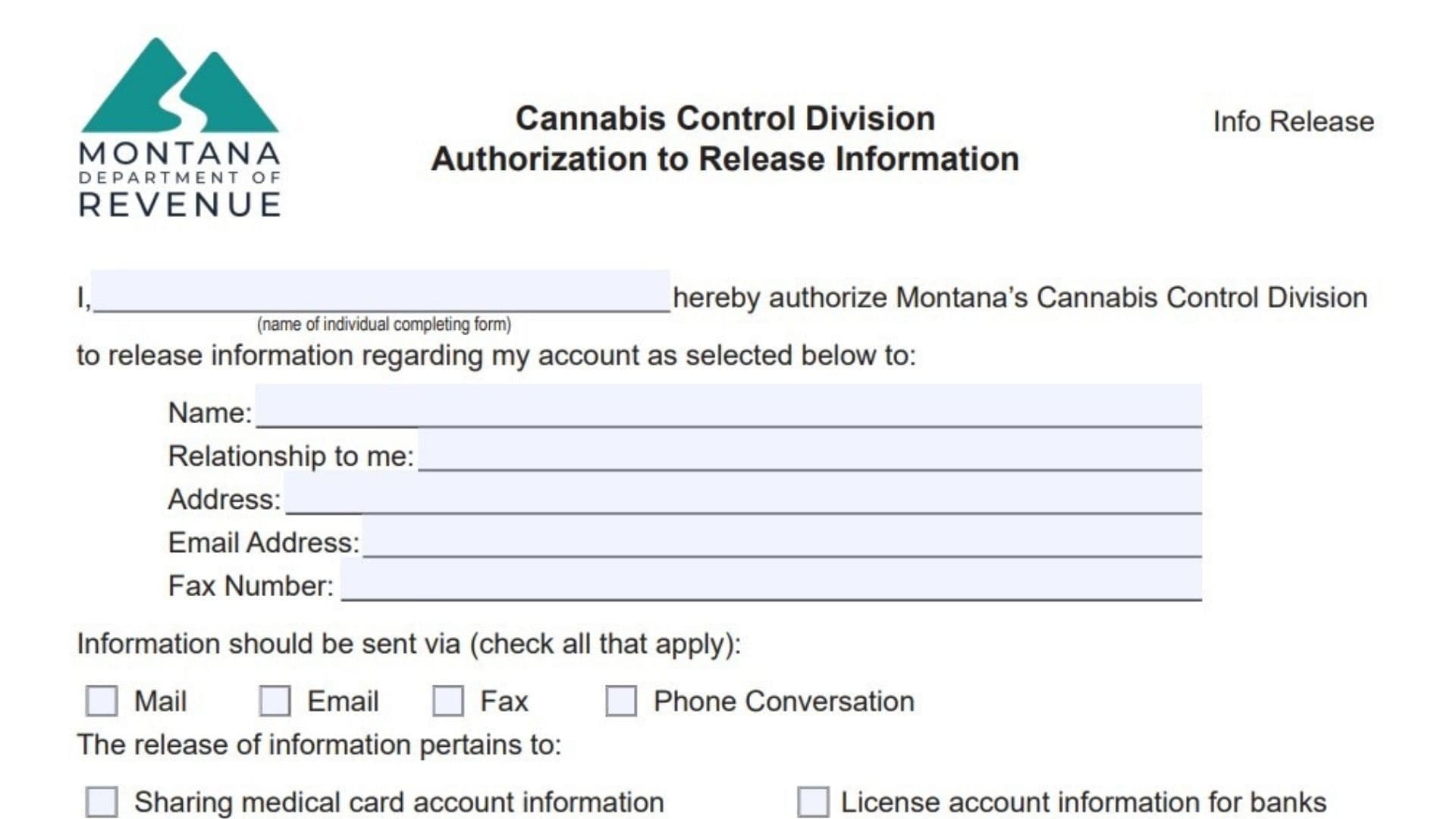 Montana Cannabis Control Division Authorization To Release Information Form 1 Montana Cannabis Control Division Authorization To Release Information Form
