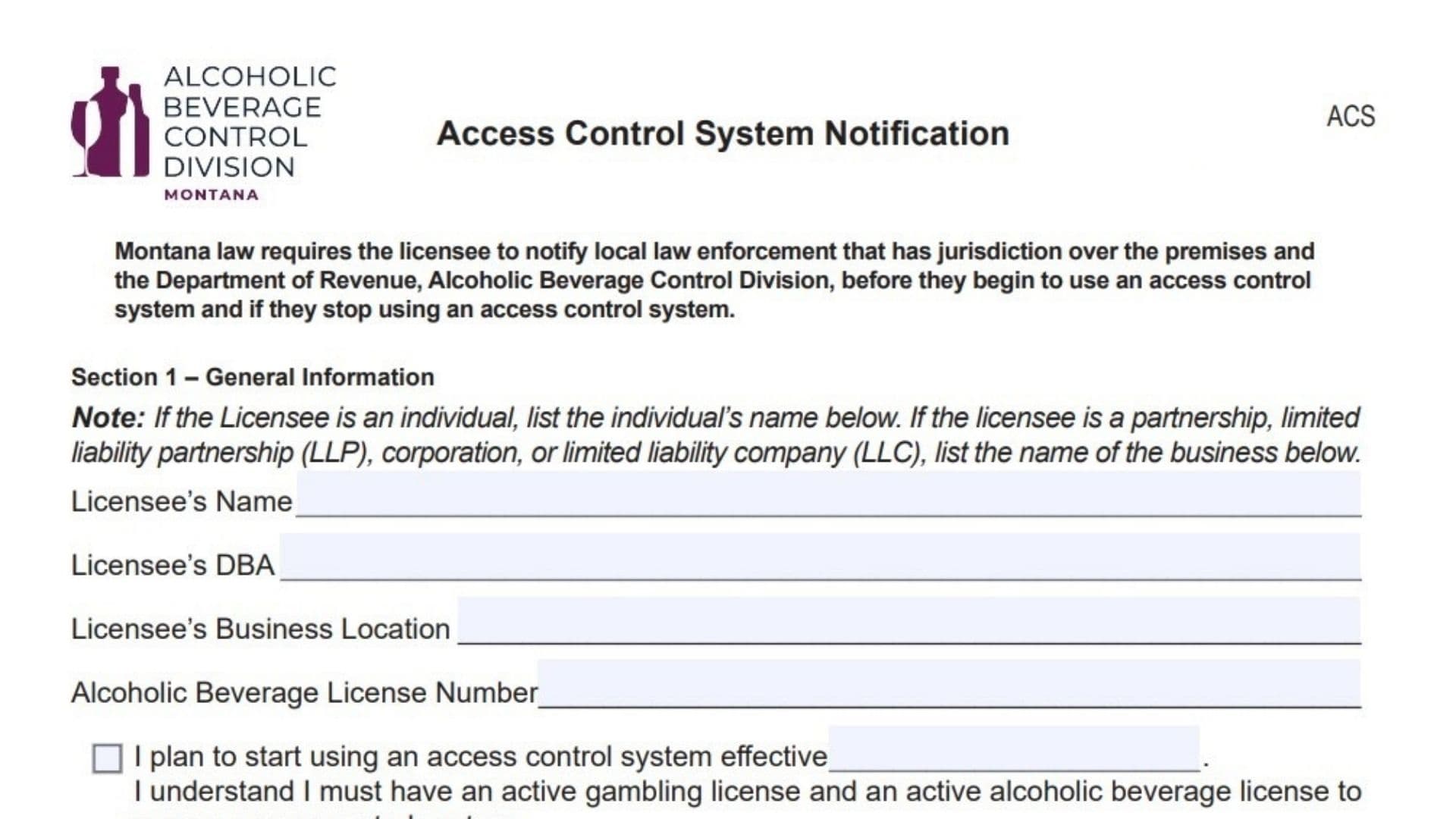 Montana Form ACS 1 Montana Form ACS