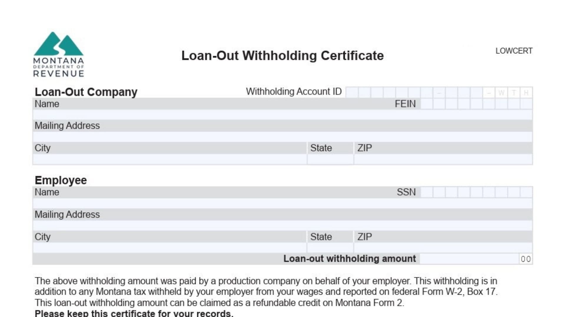 Montana Form LOWCERT