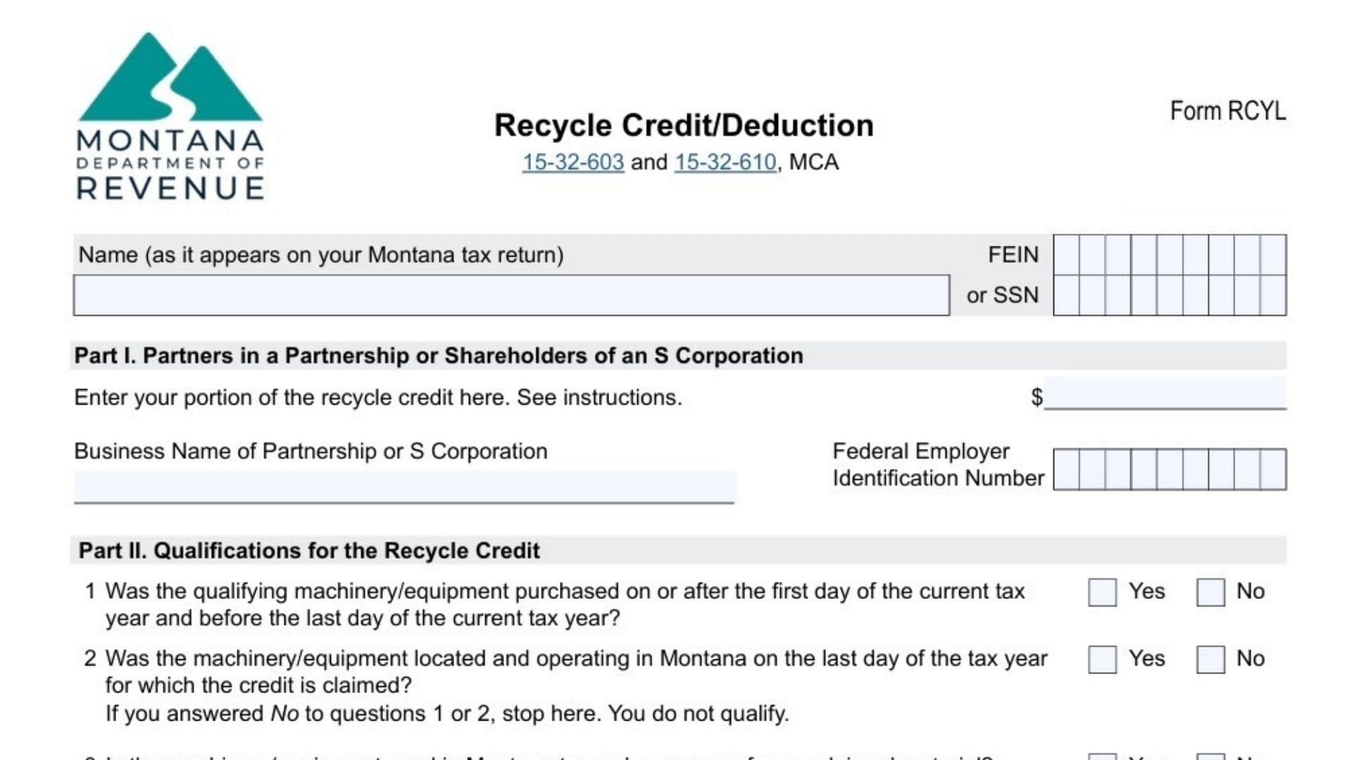 Montana Form RCYL