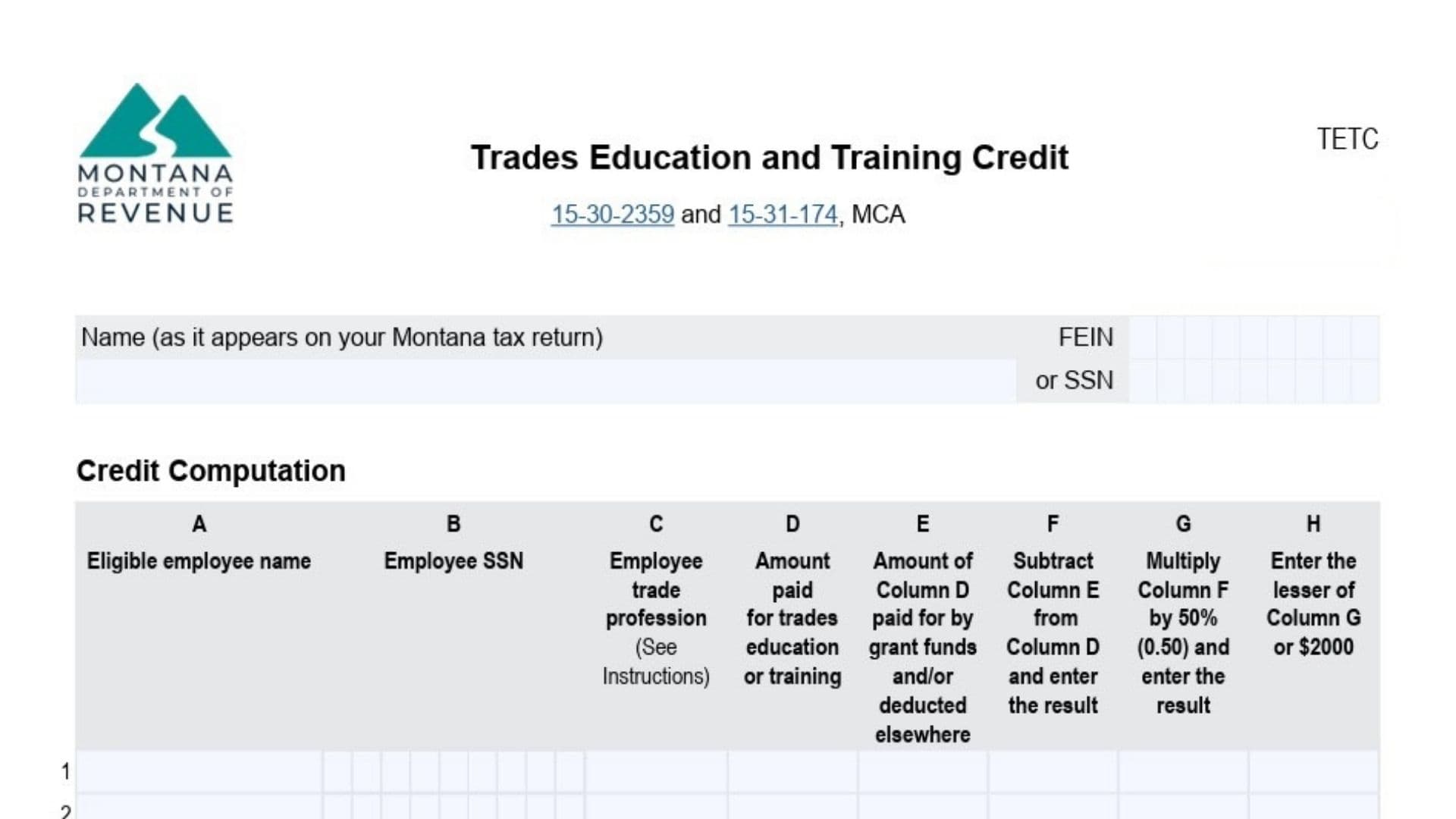 Montana Form TETC