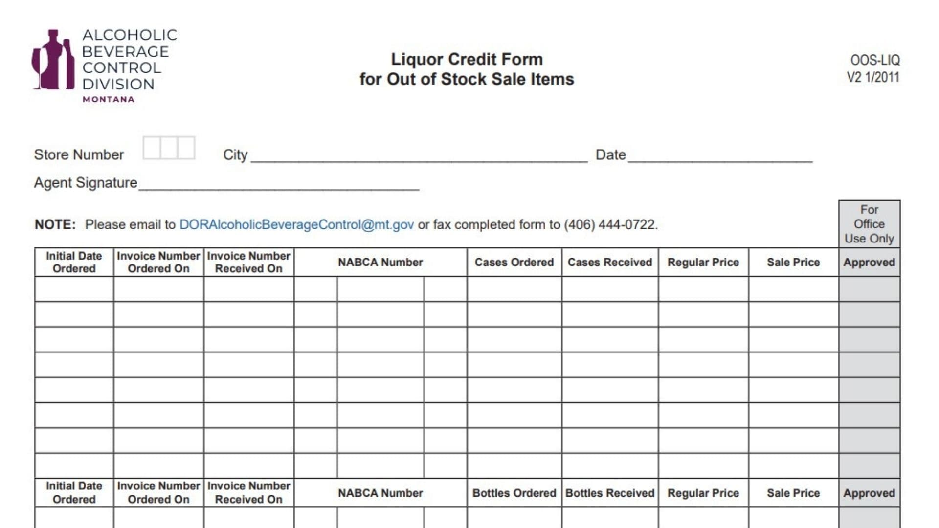 Montana Liquor Credit Form For Out Of Stock Sale Items
