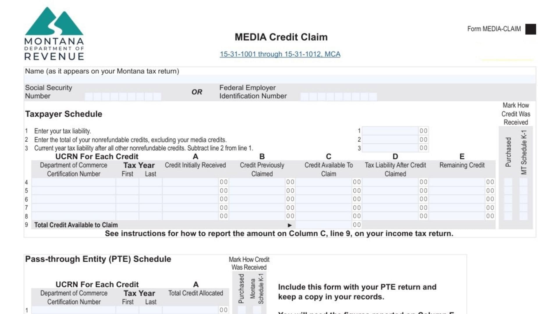 Montana MEDIA Credit Claim Form