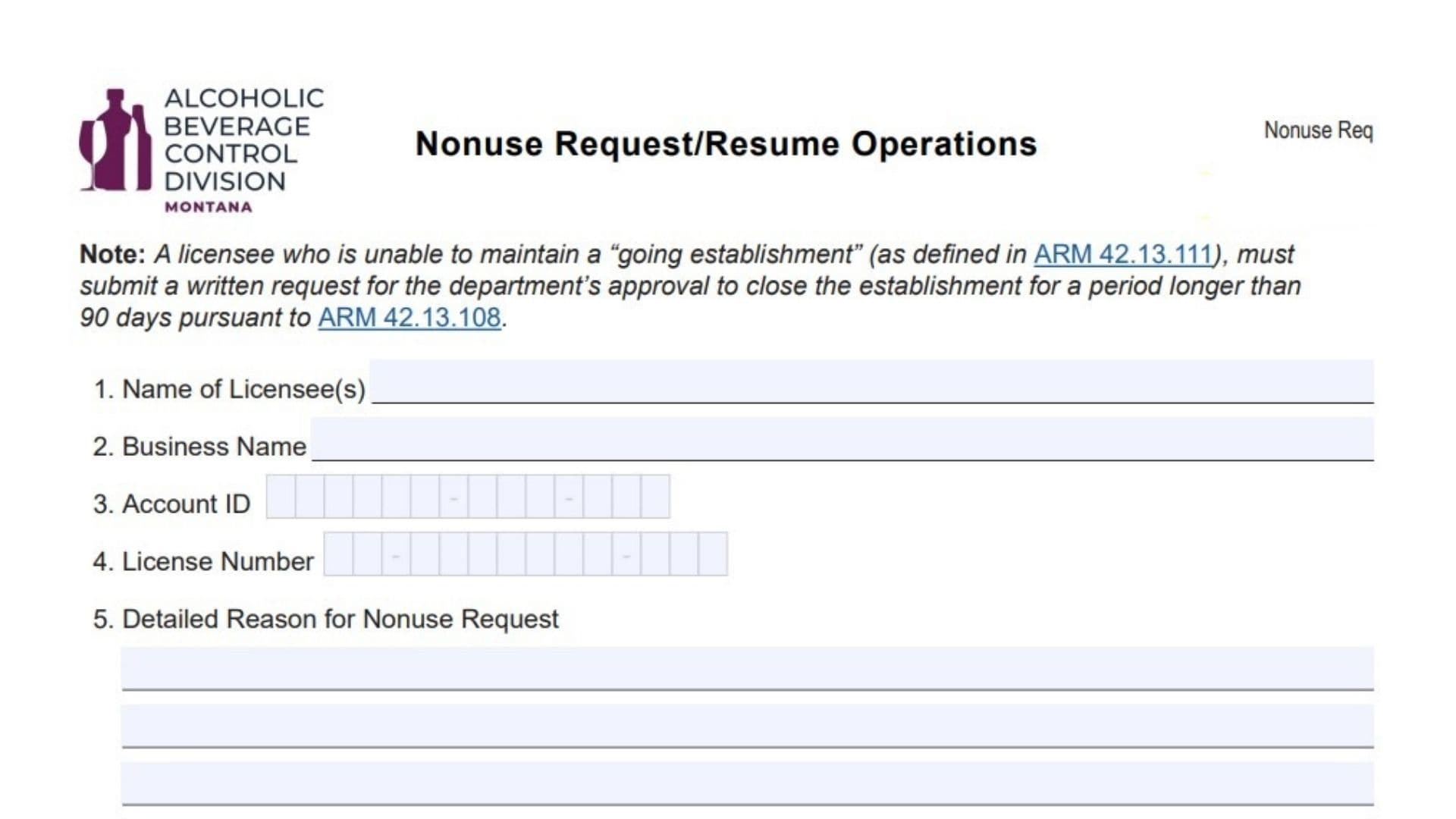 Montana Nonuse RequestResume Operations Form
