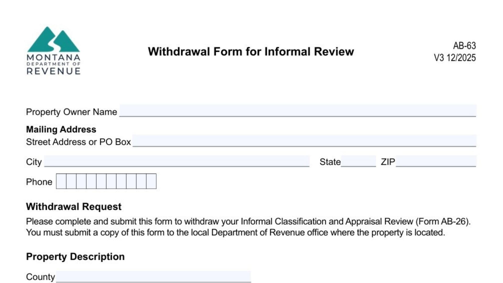 Montana Withdrawal Form of Informal Review Form AB 63