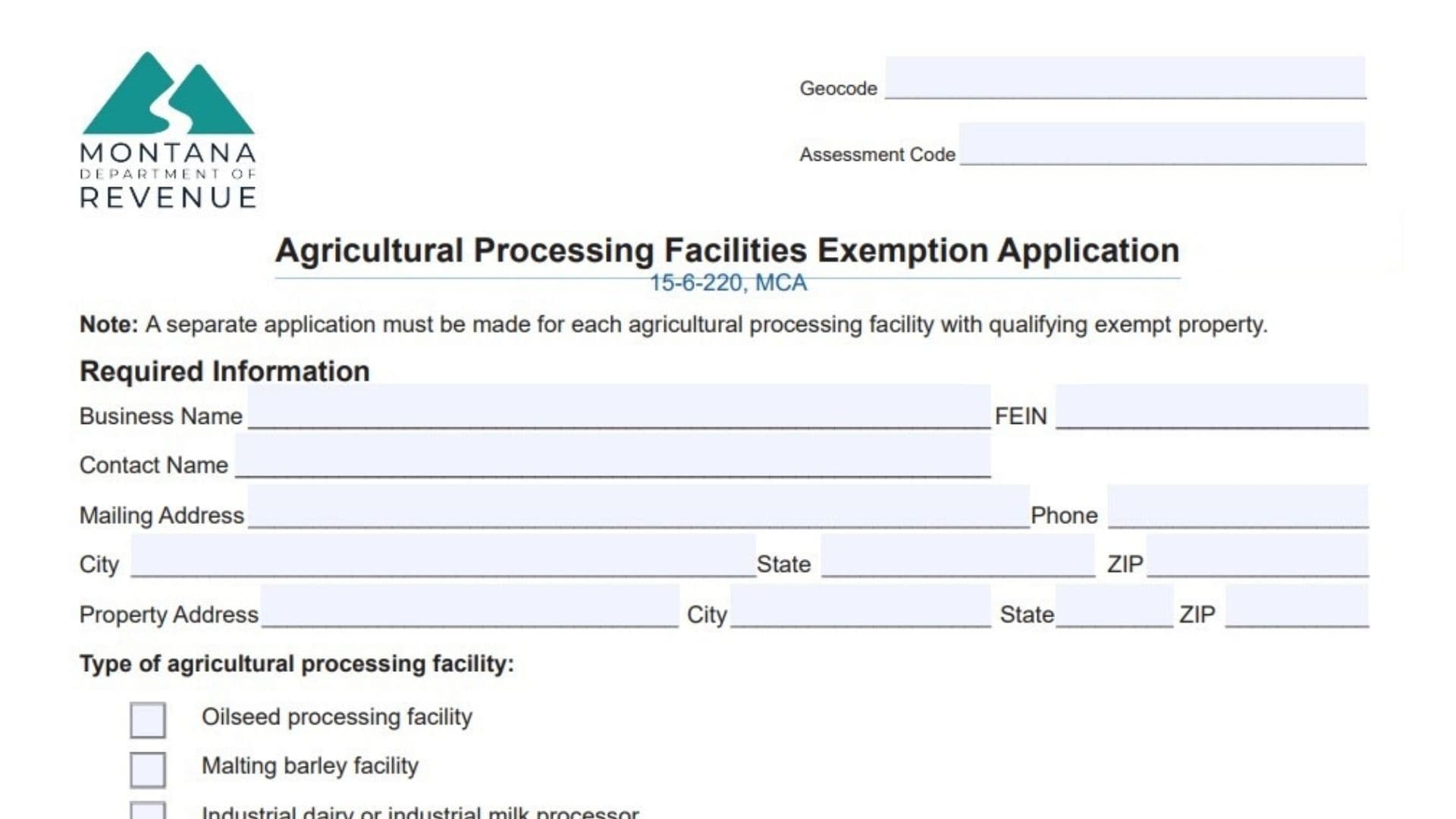 Montana Agricultural Processing Facilities Exemption Form 1 Montana Agricultural Processing Facilities Exemption Form