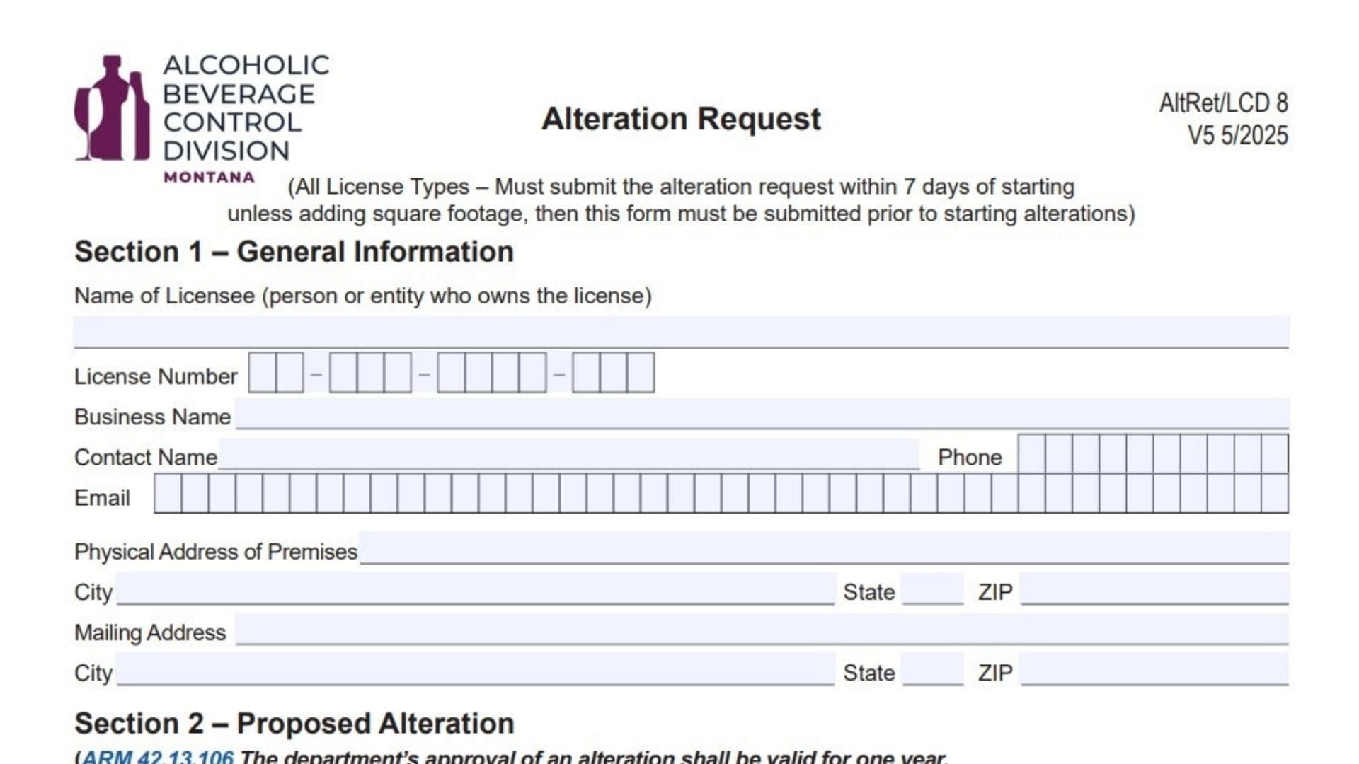Montana Alteration Request Form
