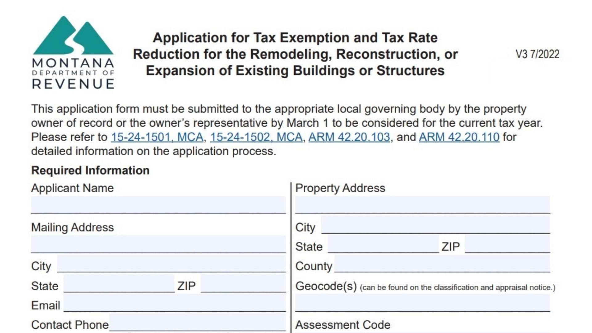 Montana Application for Tax Exemption and Tax Rate Reduction for Remodeling, Reconstruction, or Expansion of Existing Buildings or Structures