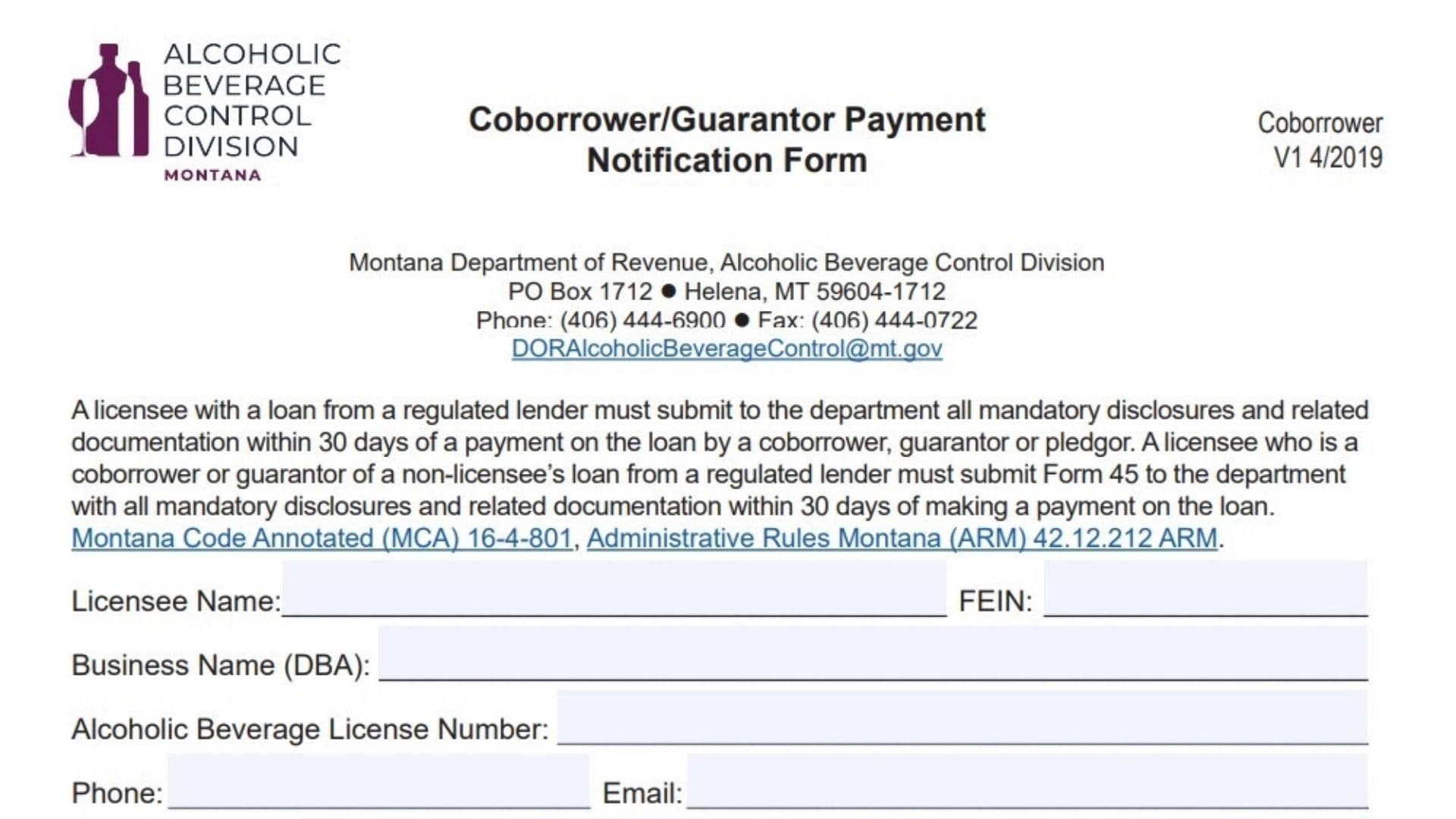 Montana Coborrower - Guarantor Payment Notification Form