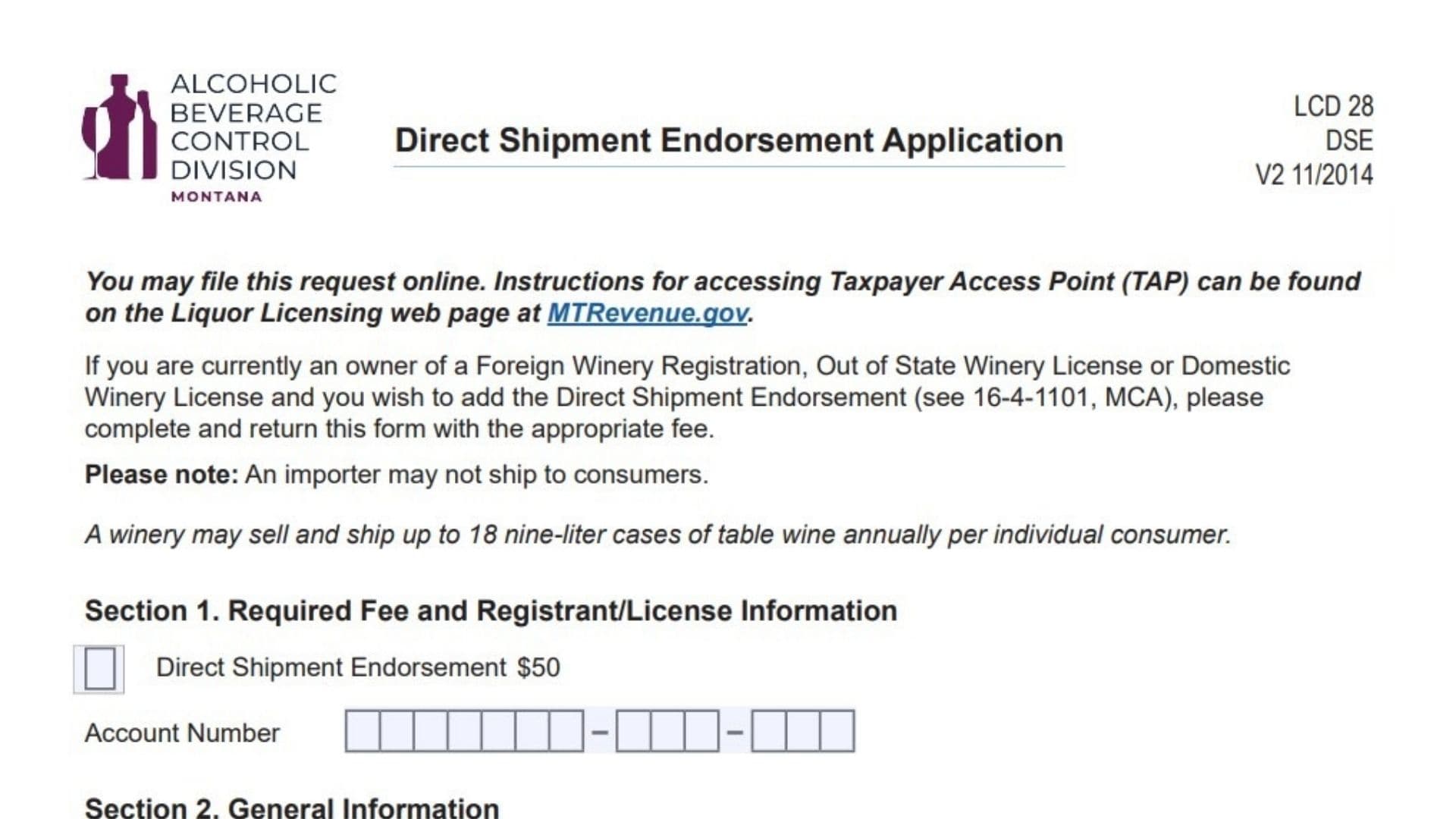 Montana Direct Shipment Endorsement Application Form DSE 1 Montana Direct Shipment Endorsement Application Form DSE