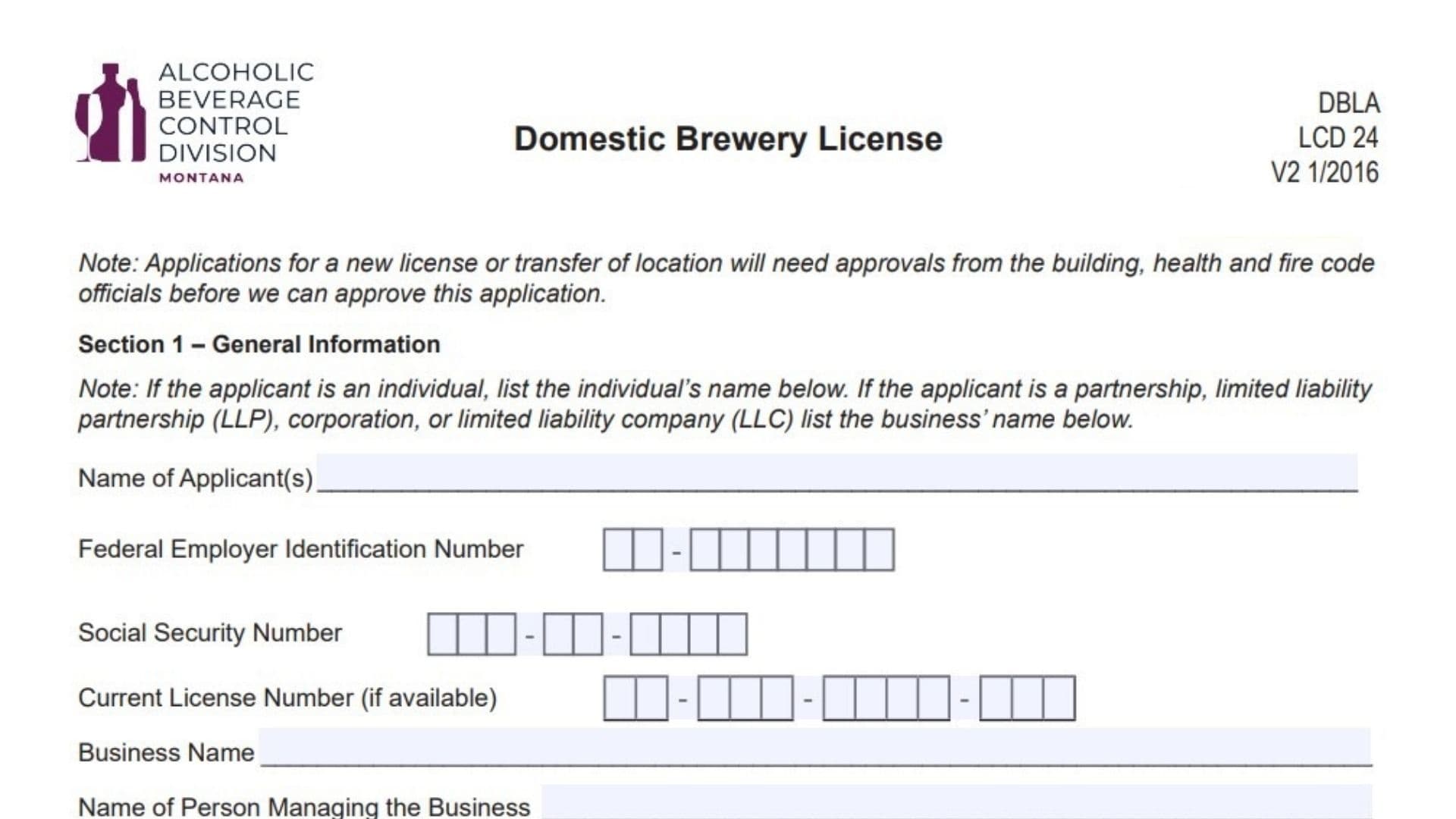Montana Domestic Brewery License Application
