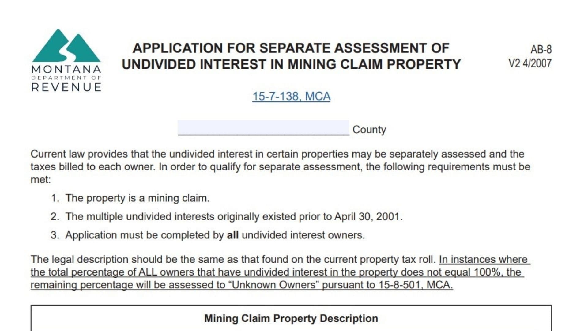Montana Form AB-8 1 Montana Form AB-8