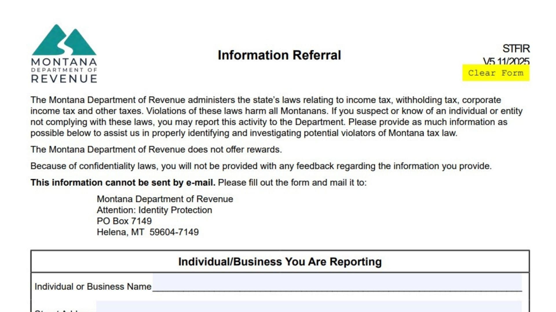 Montana Form STFIR 1 Montana Form STFIR
