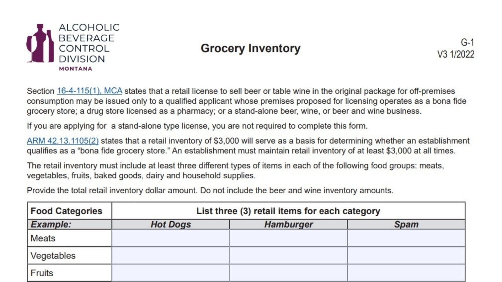 Montana Grocery Inventory Form G-1 1 Montana Grocery Inventory Form G-1