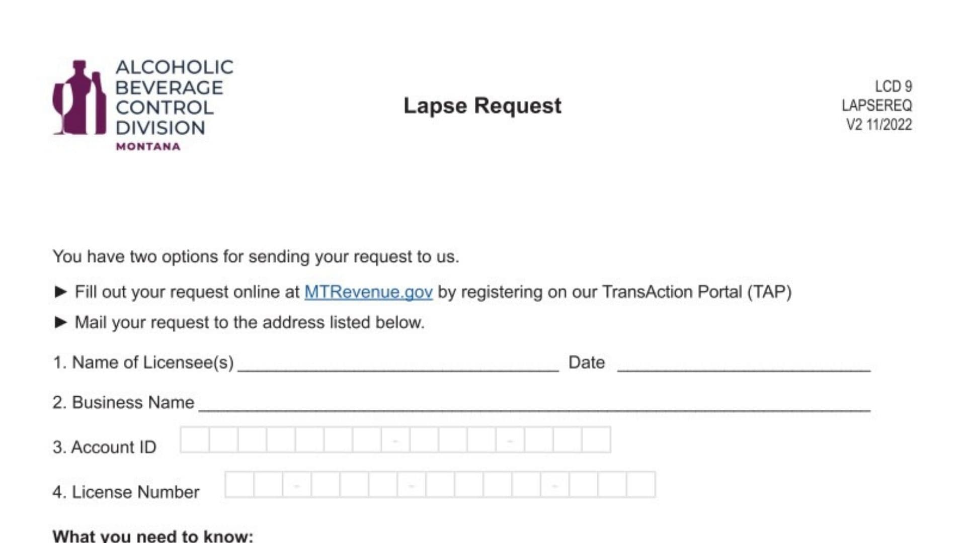 Montana Lapse Request Form