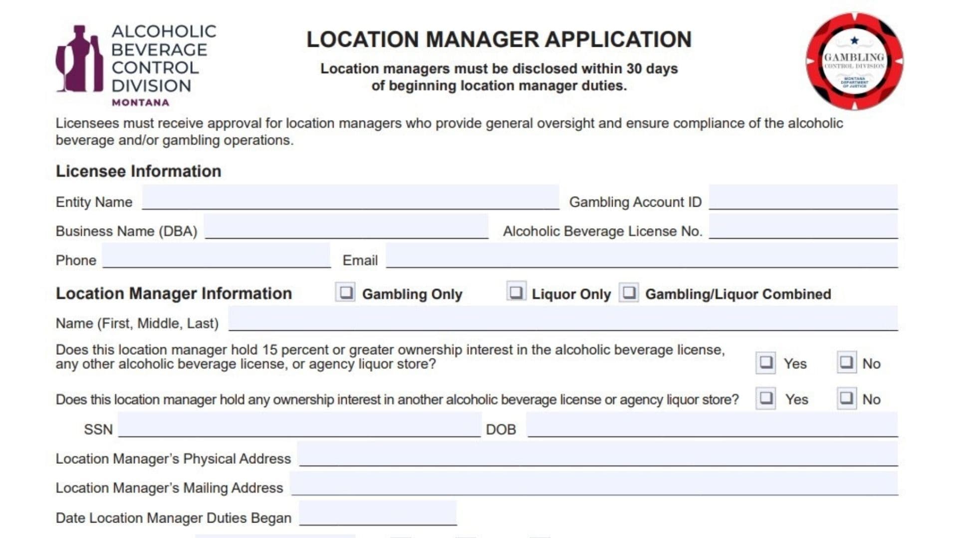 Montana Location Manager Application Form 30A