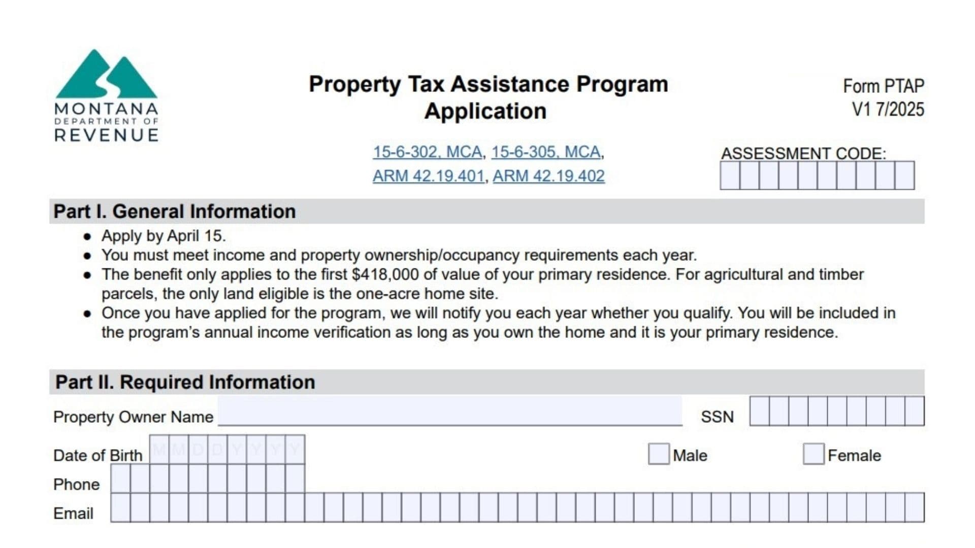 Montana Property Tax Assistance Program (PTAP) Application Form