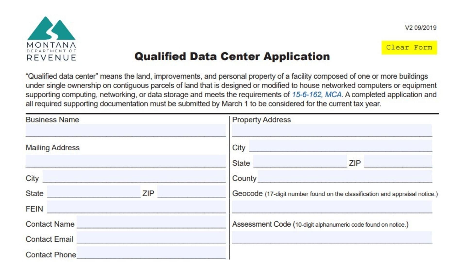Montana Qualified Data Center Classification Application Form