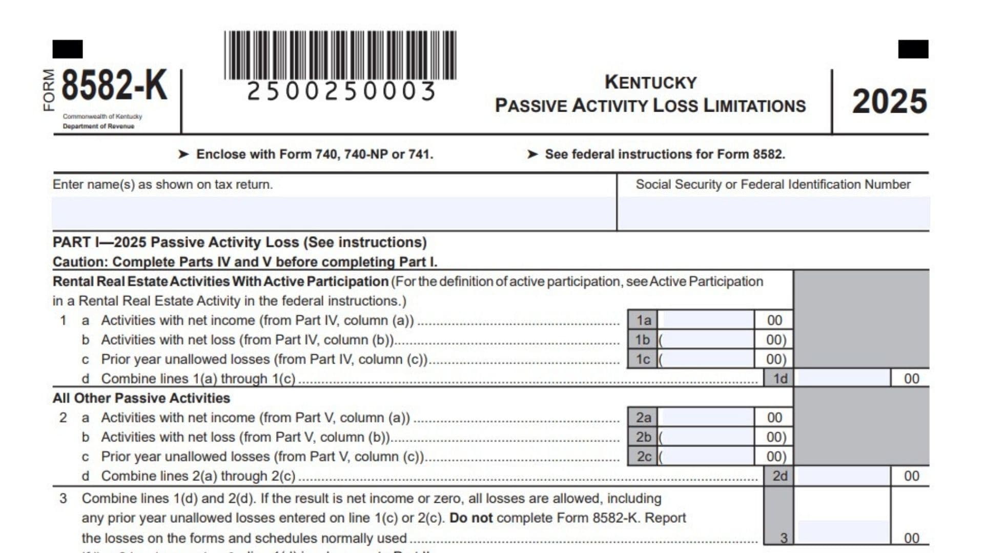 Kentucky Form 8582-K
