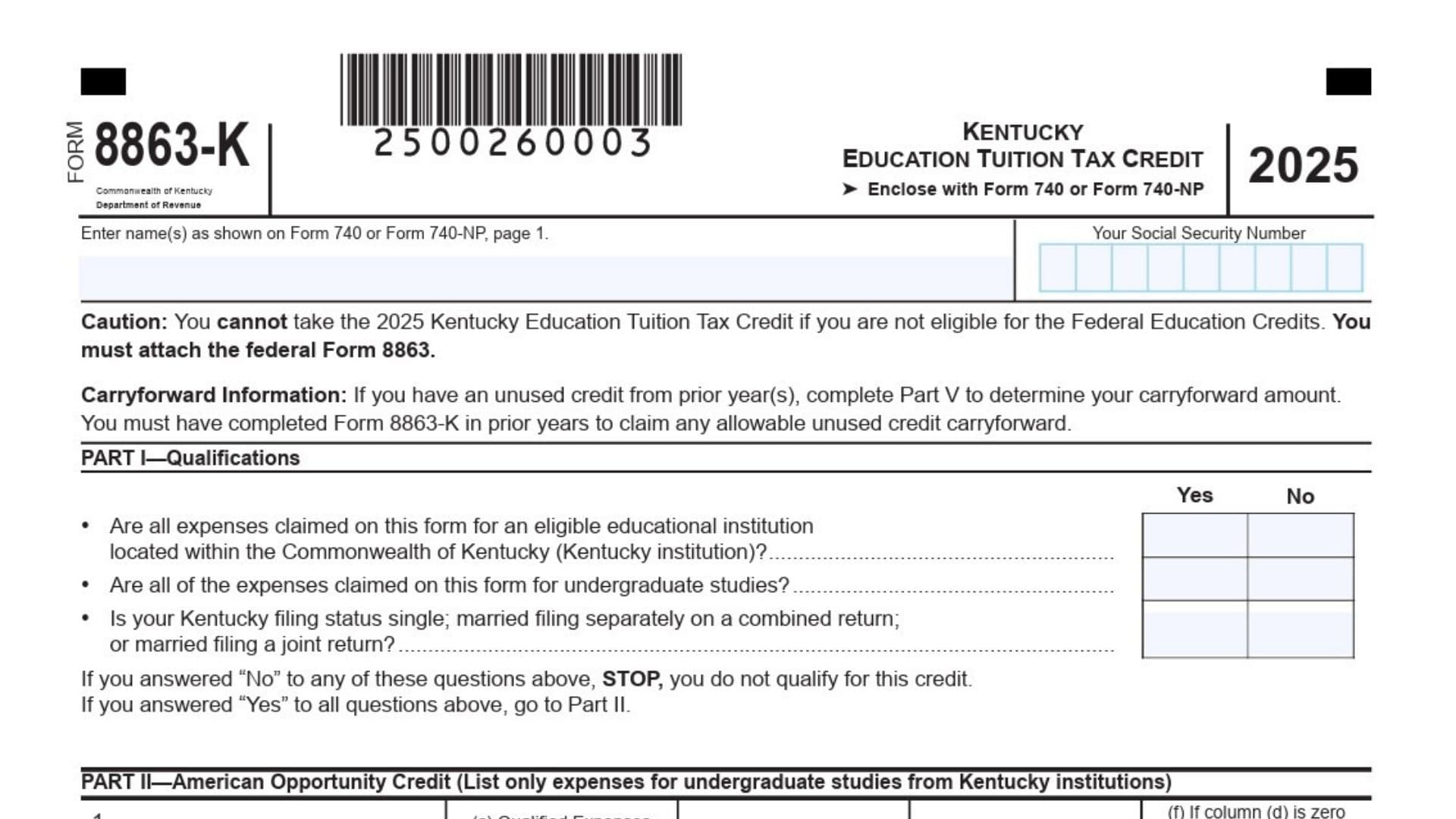 Kentucky Form 8863-K