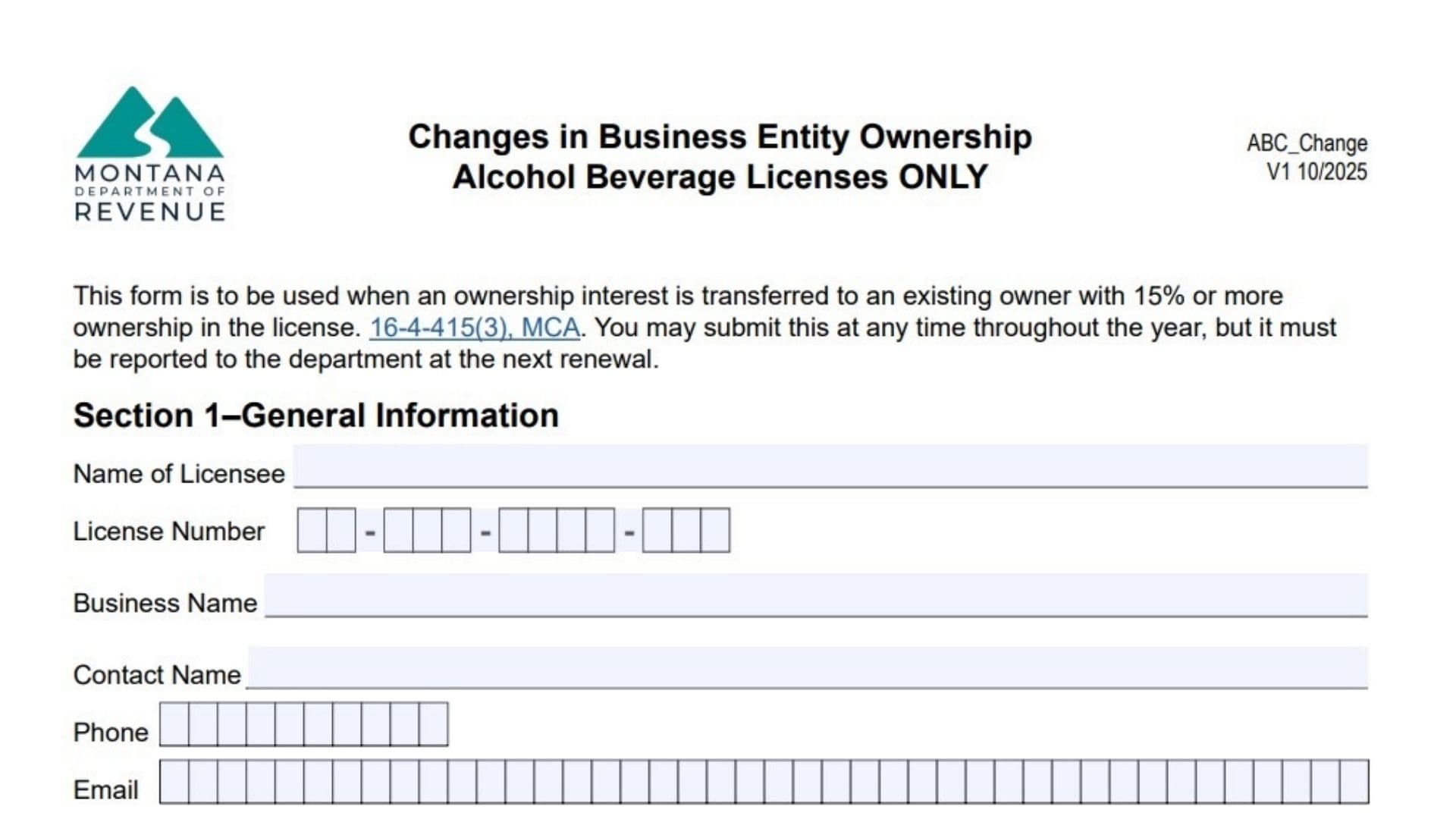 Montana Changes in Business Entity Ownership Form