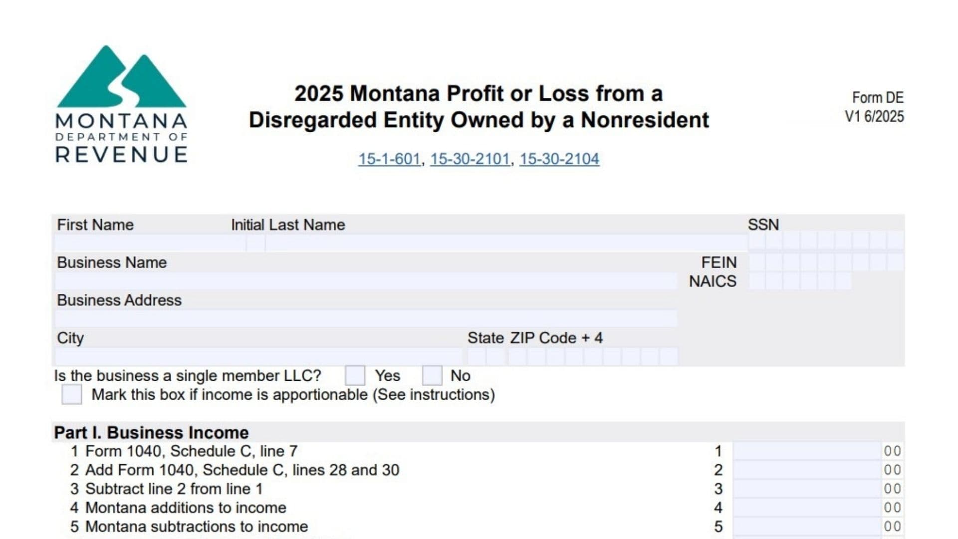 Montana Form DE 1 Montana Form DE
