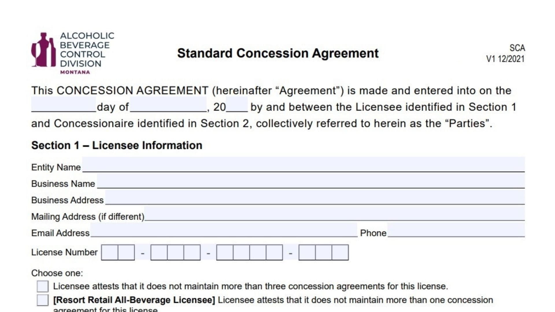 Montana Standard Concession Agreement Form SCA