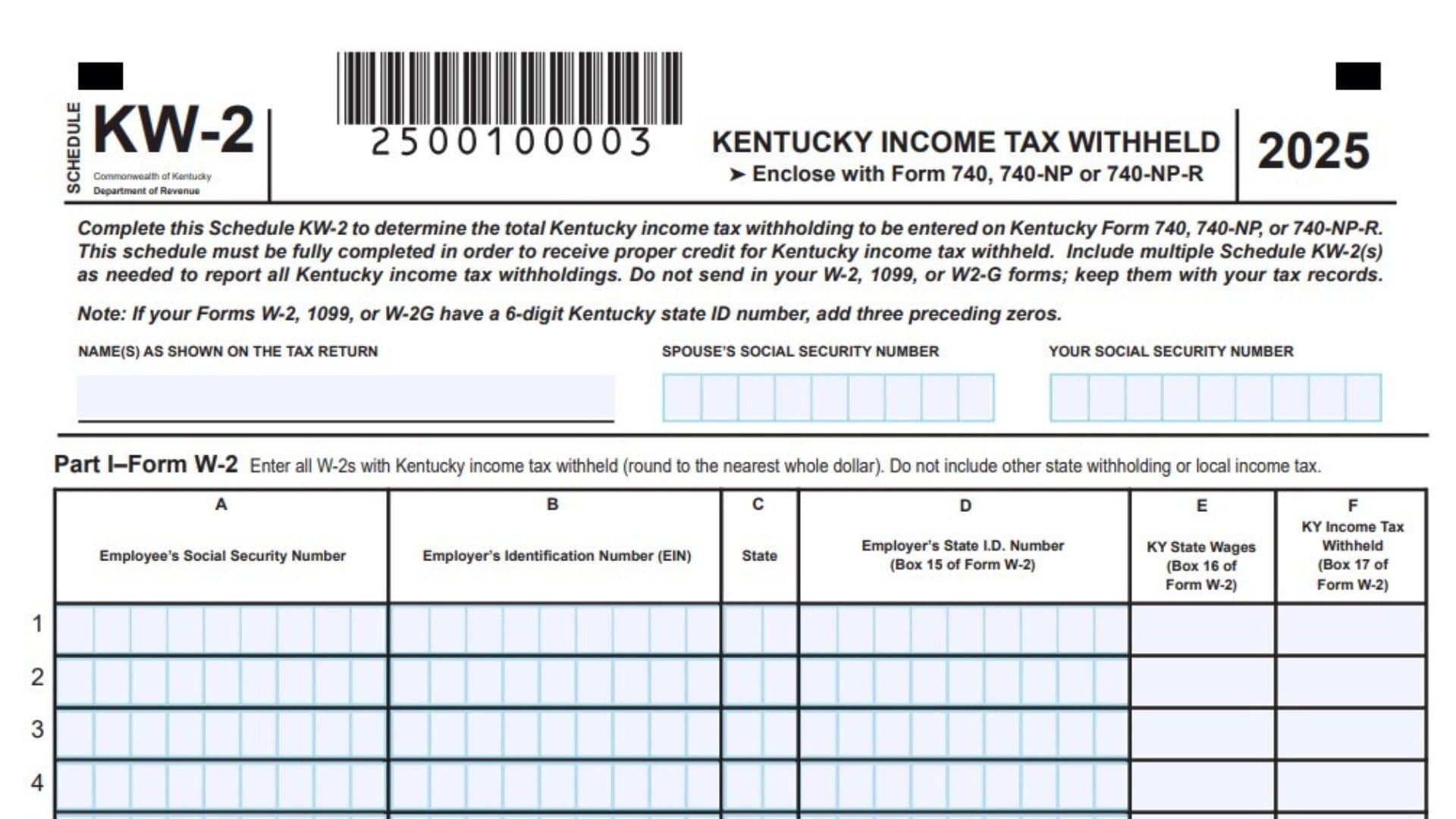 Kentucky Schedule KW-2