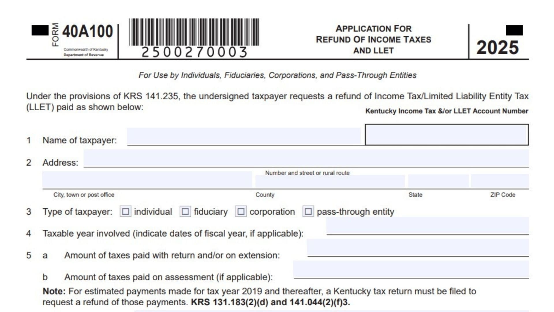 Kentucky Form 40A100