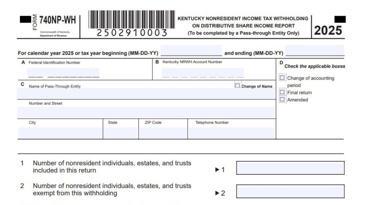 Kentucky Form 740NP-WH Instructions 2025 - 2026