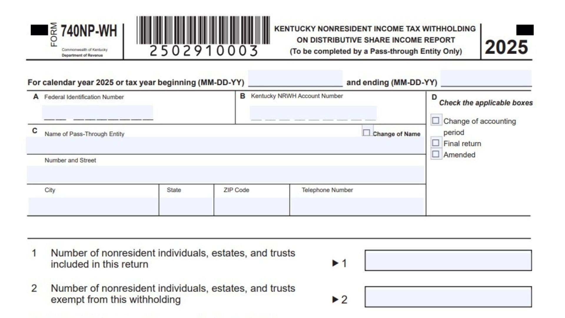 Kentucky Form 740NP-WH 1 Kentucky Form 740NP WH