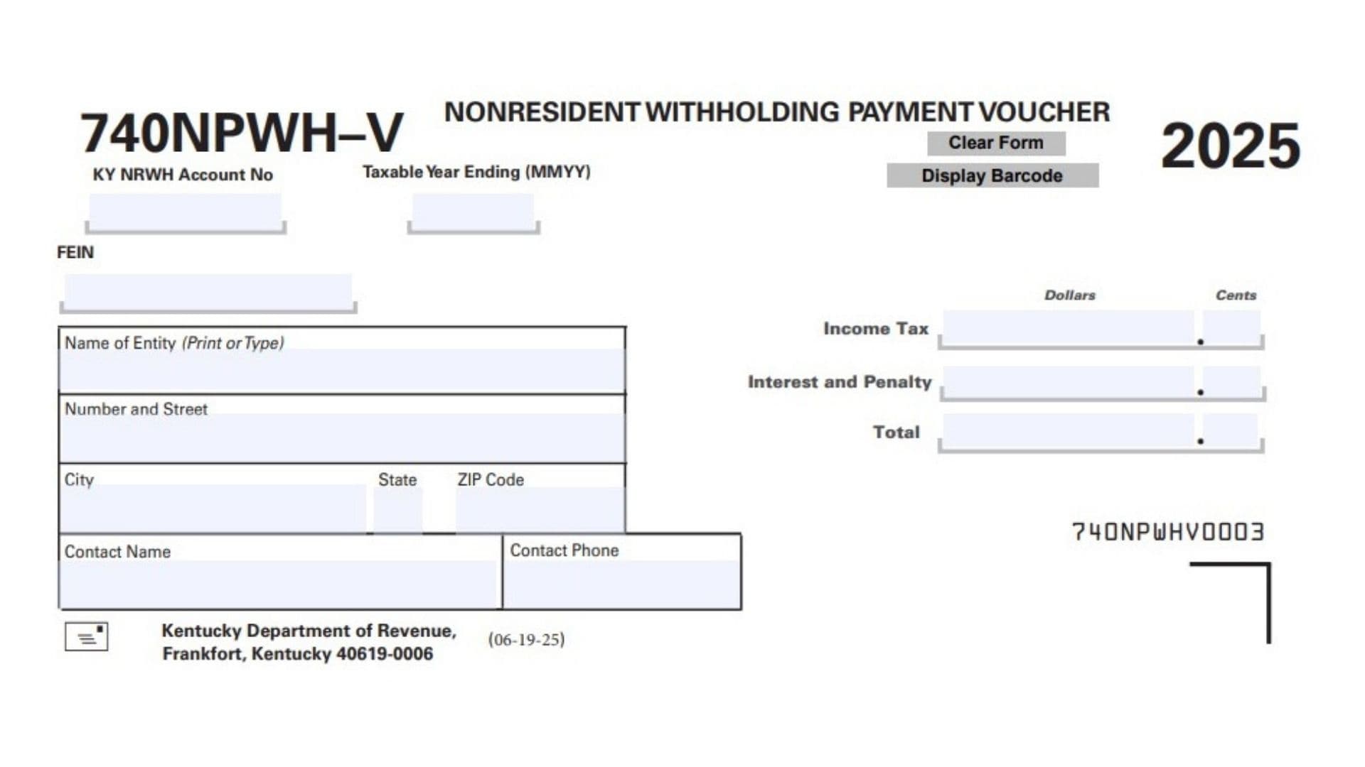 Kentucky Form 740NPWH-V 1 Kentucky Form 740NPWH-V