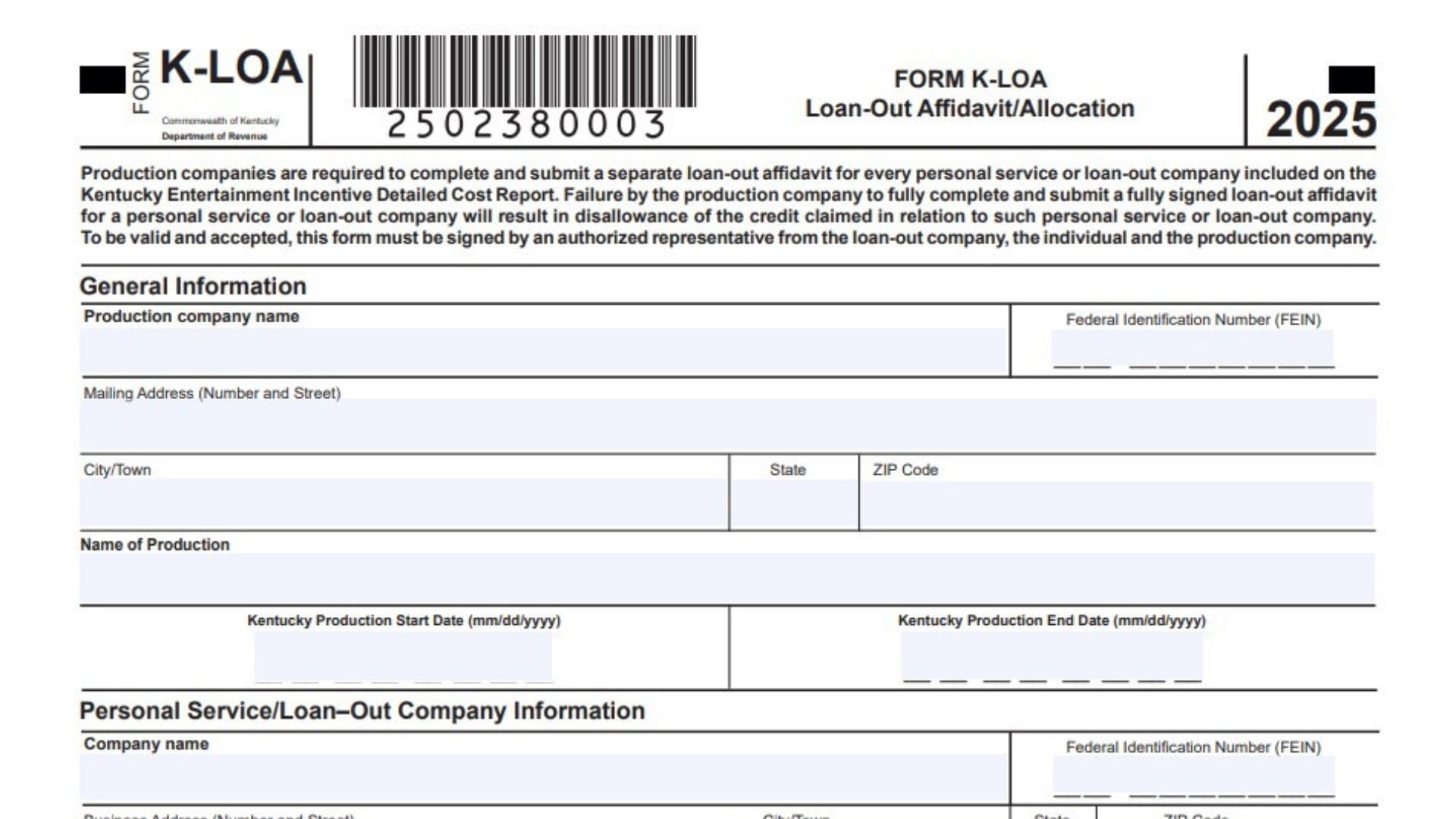 Kentucky Form K-LOA 1 Kentucky Form K-LOA
