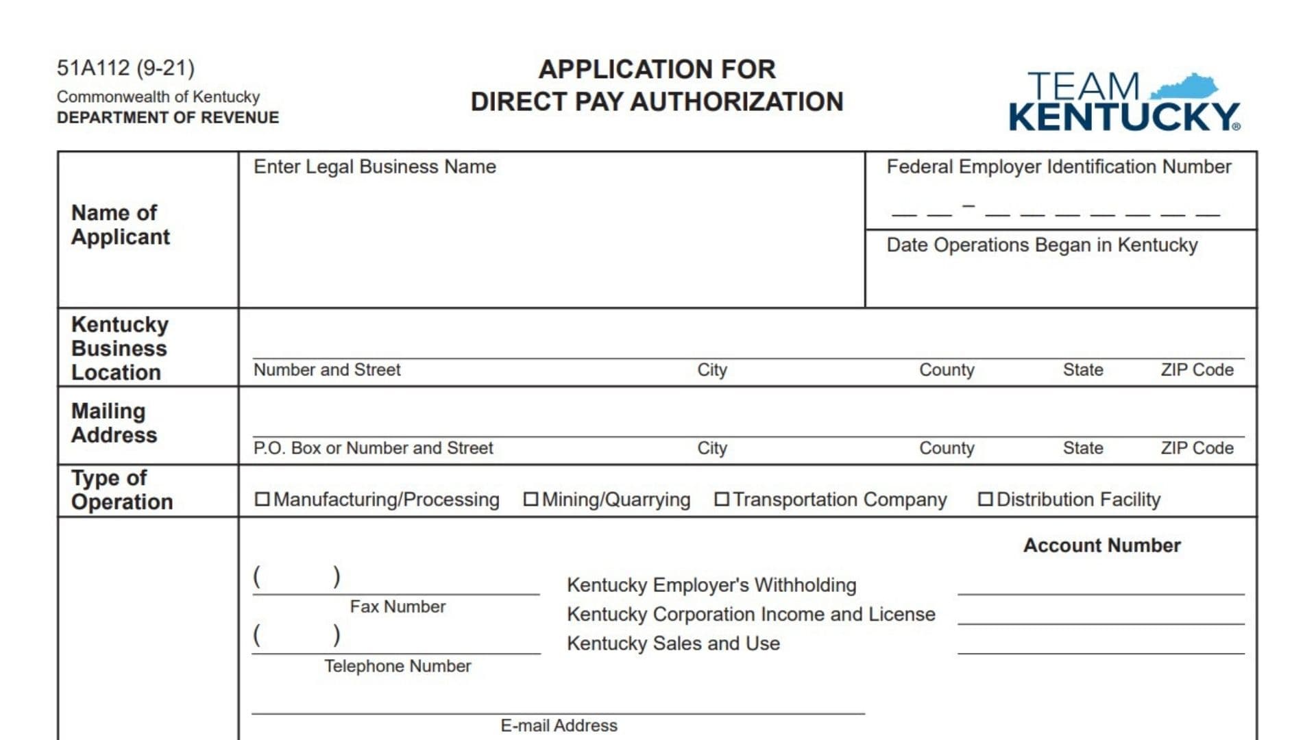 Kentucky Direct Pay Authorization Application Form 1 Kentucky Direct Pay Authorization Application Form