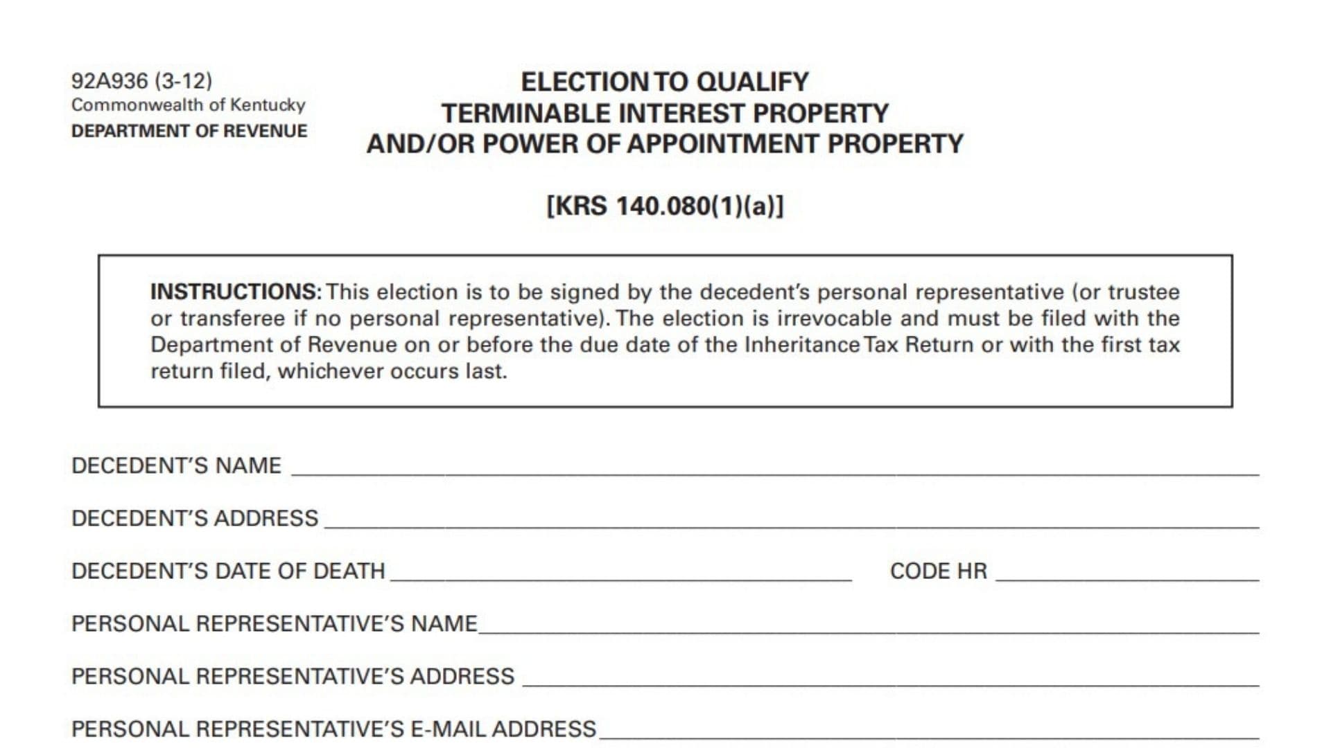 Kentucky Election To Qualify Terminable Interest Property And Power Of Appointment Property 1 Kentucky Election To Qualify Terminable Interest Property And Power Of Appointment Property