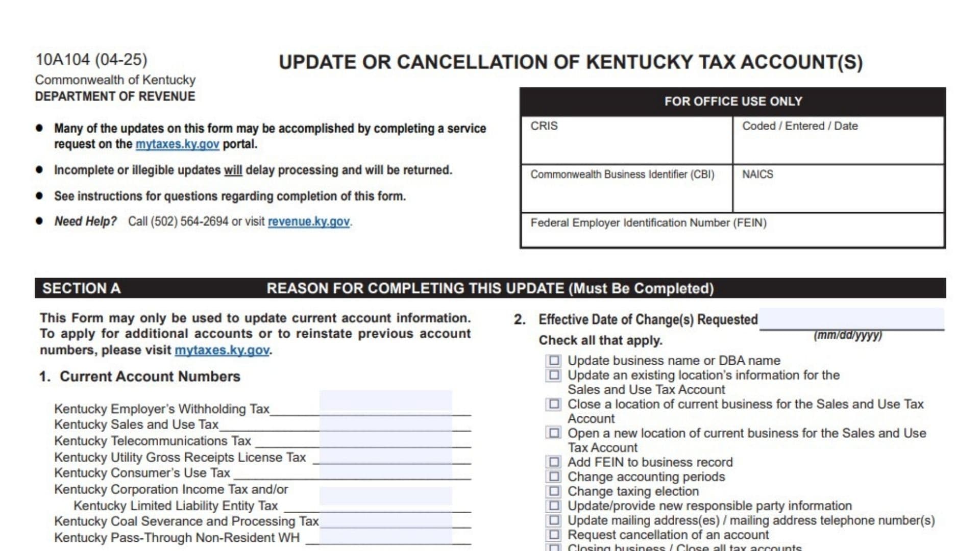 Kentucky Form 10A104