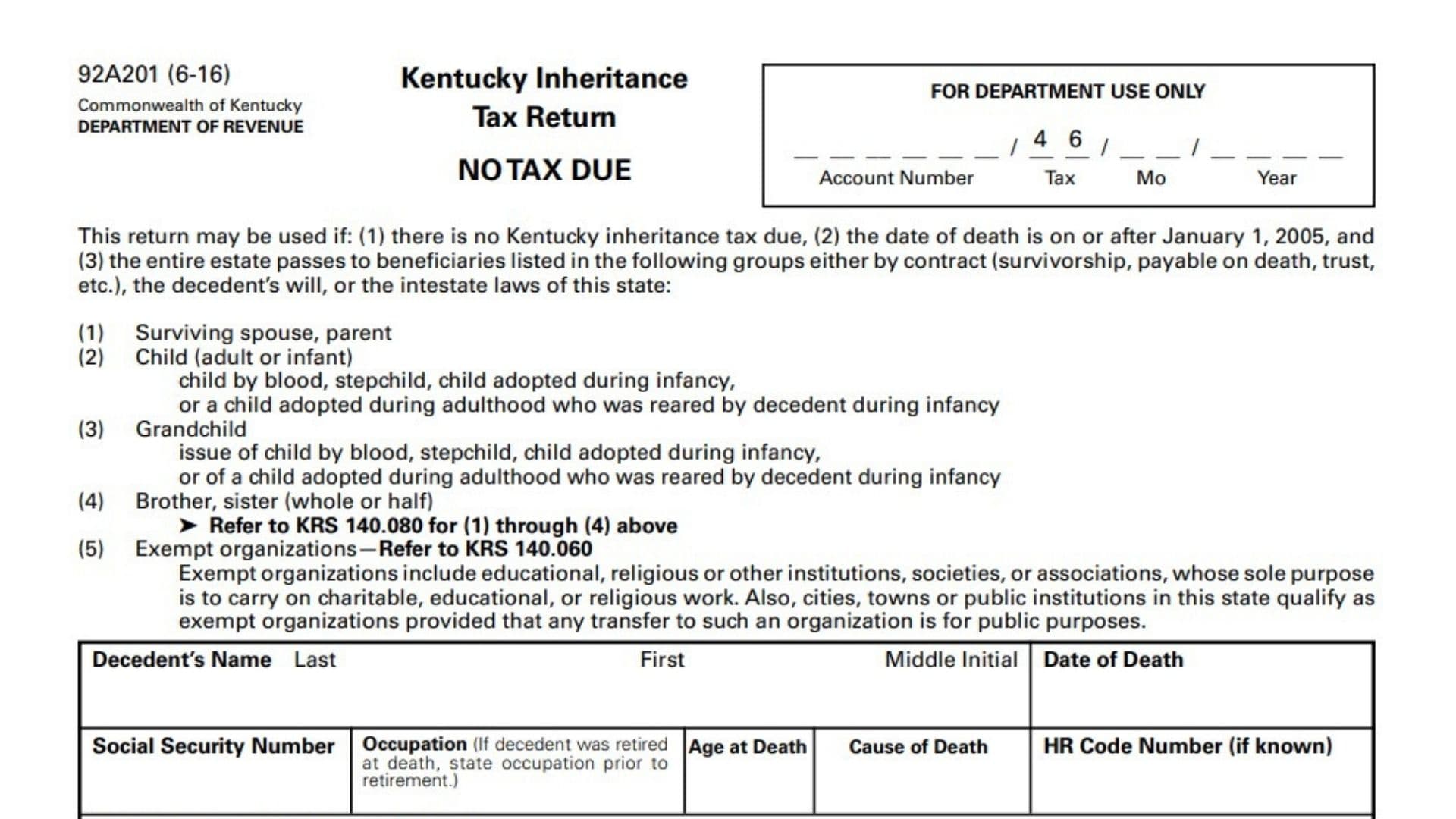 Kentucky Inheritance Tax Return No Tax Due