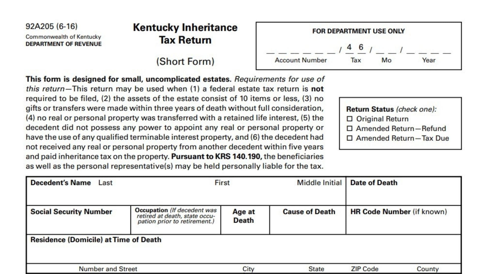 Kentucky Inheritance Tax Return Short Form