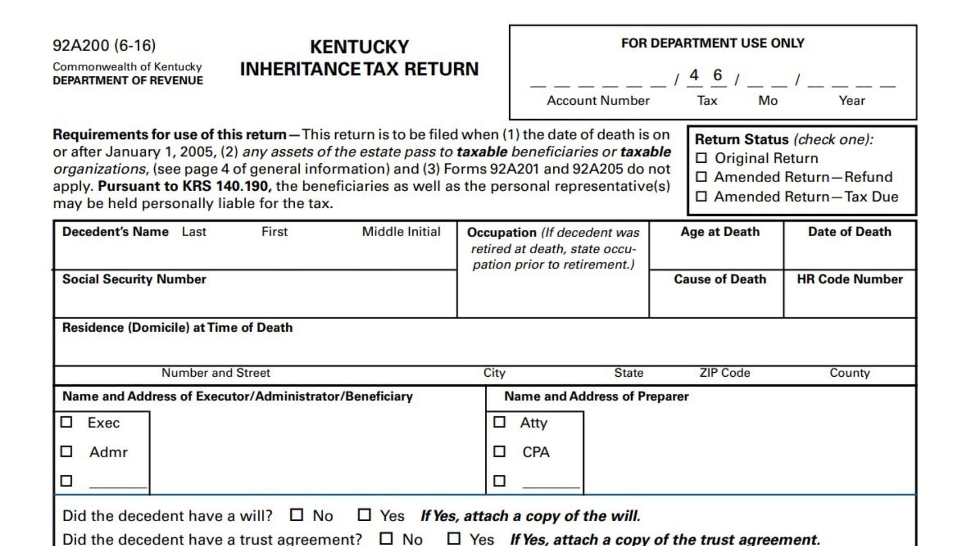 Kentucky Inheritance Tax Return