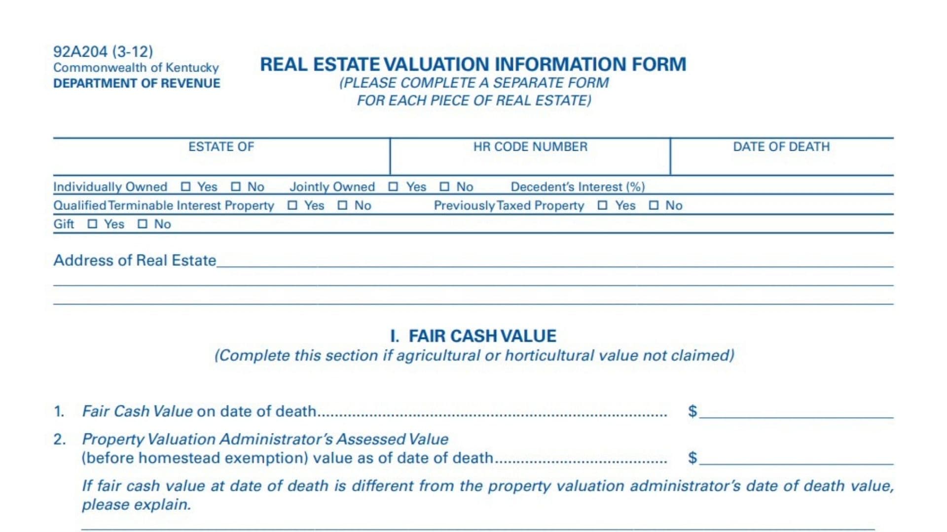 Kentucky Real Estate Valuation Information Form 1 Kentucky Real Estate Valuation Information Form