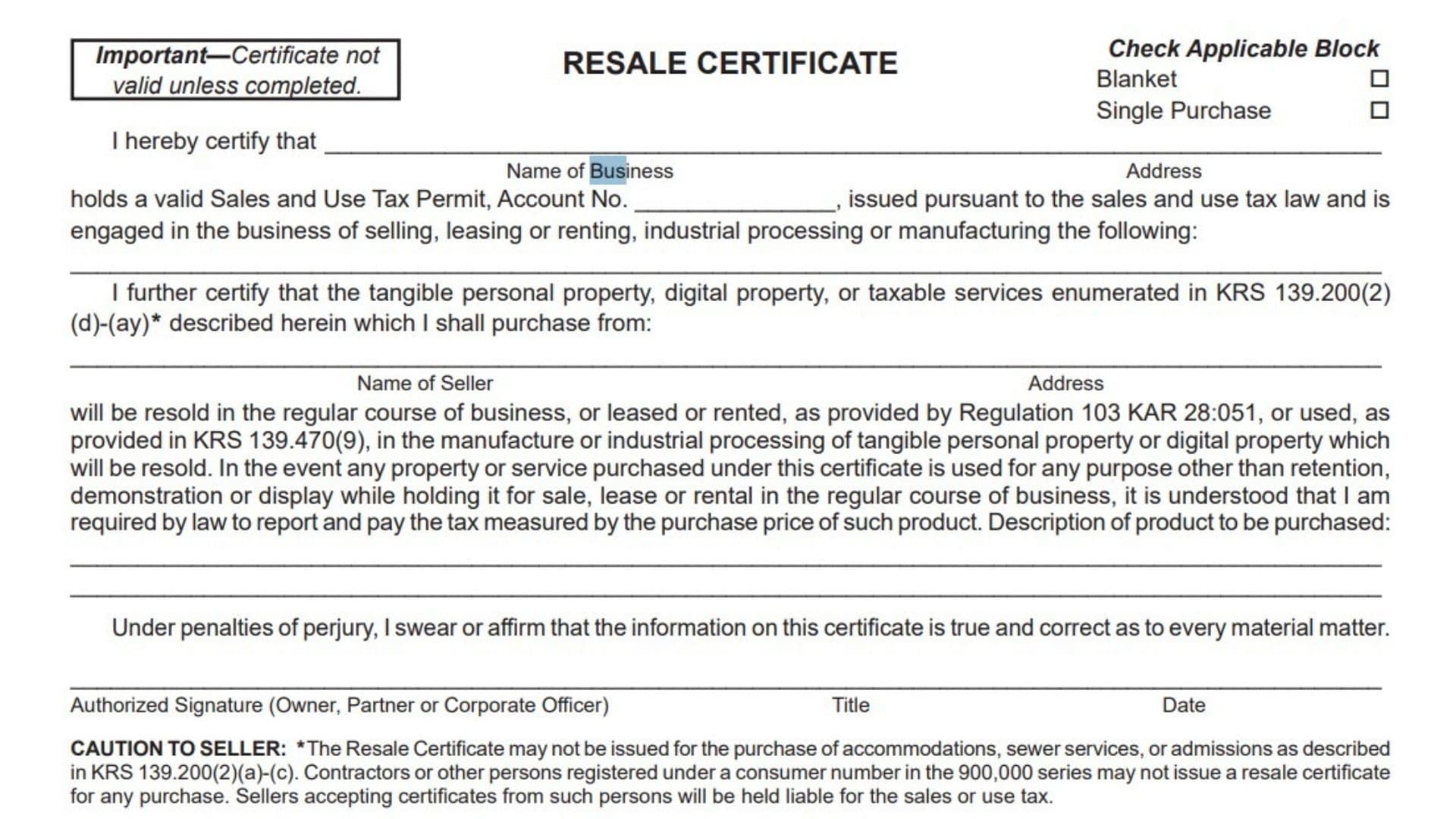 Kentucky Resale Certificate 1 Kentucky Resale Certificate