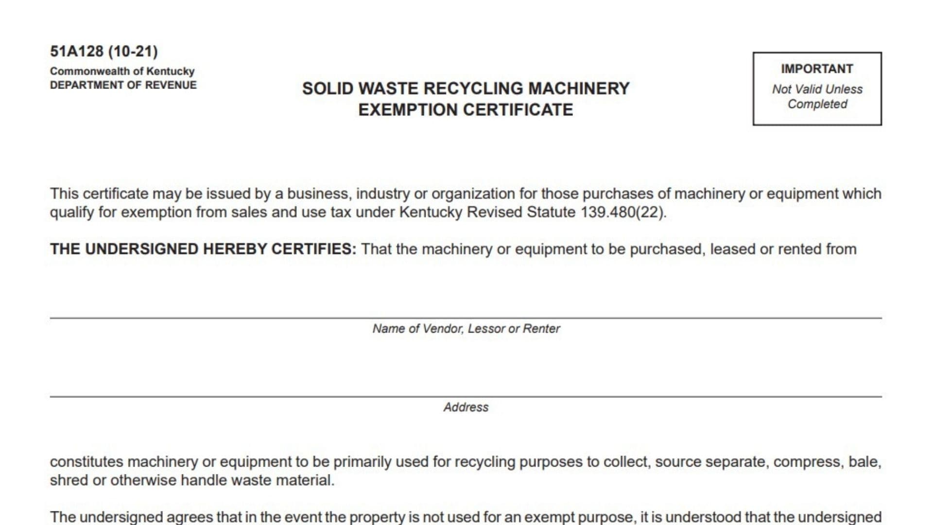 Kentucky Solid Waste Recycling Machinery Exemption Certificate