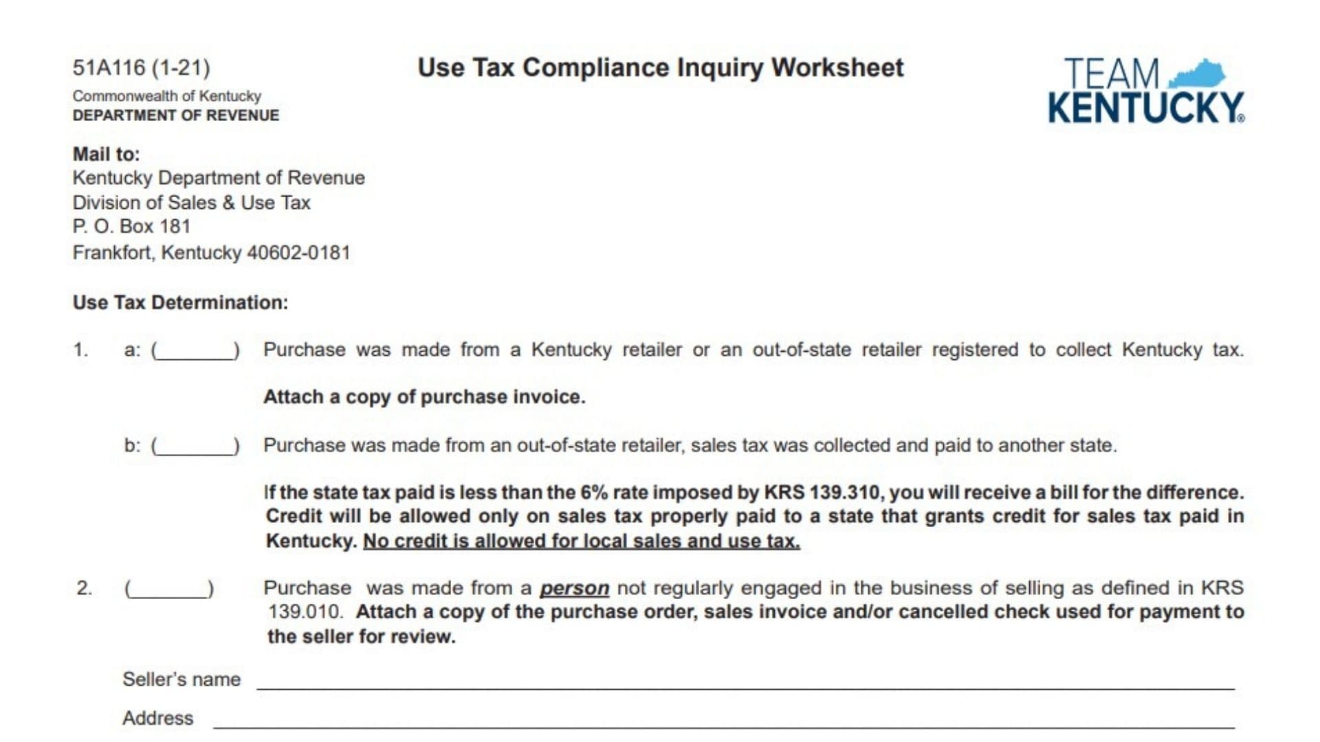 Kentucky Use Tax Compliance Inquiry Worksheet 1 Kentucky Use Tax Compliance Inquiry Worksheet